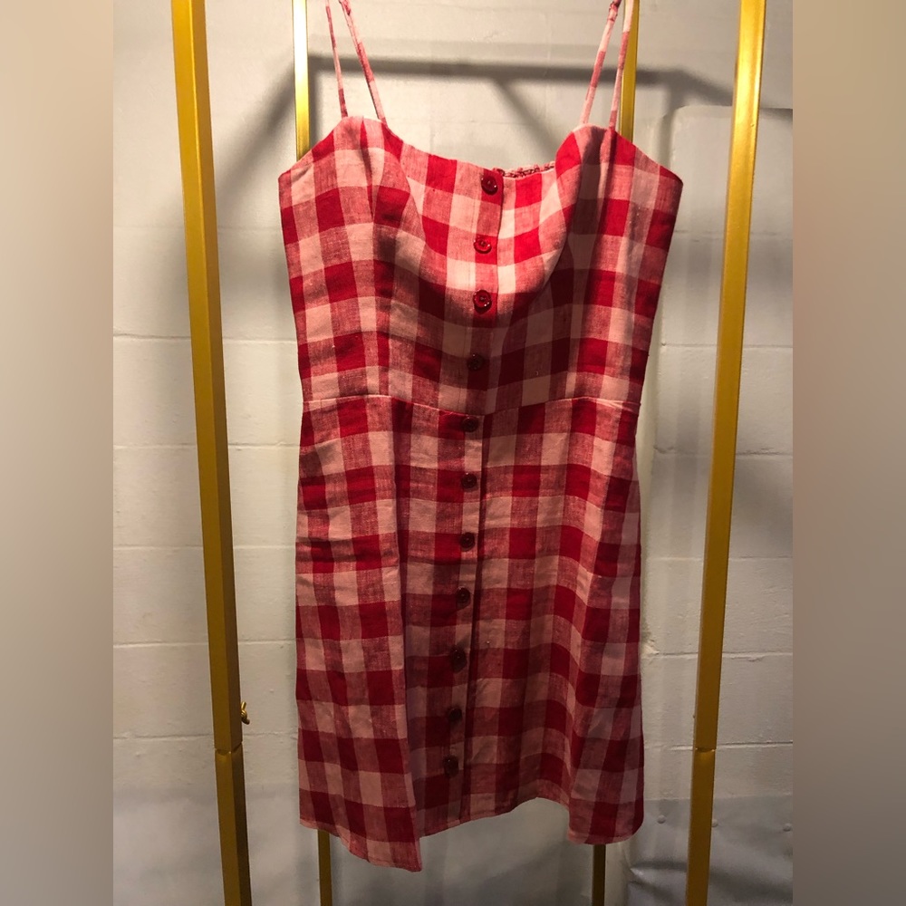 Reformation Huckleberry Checked Linen Mini Dress